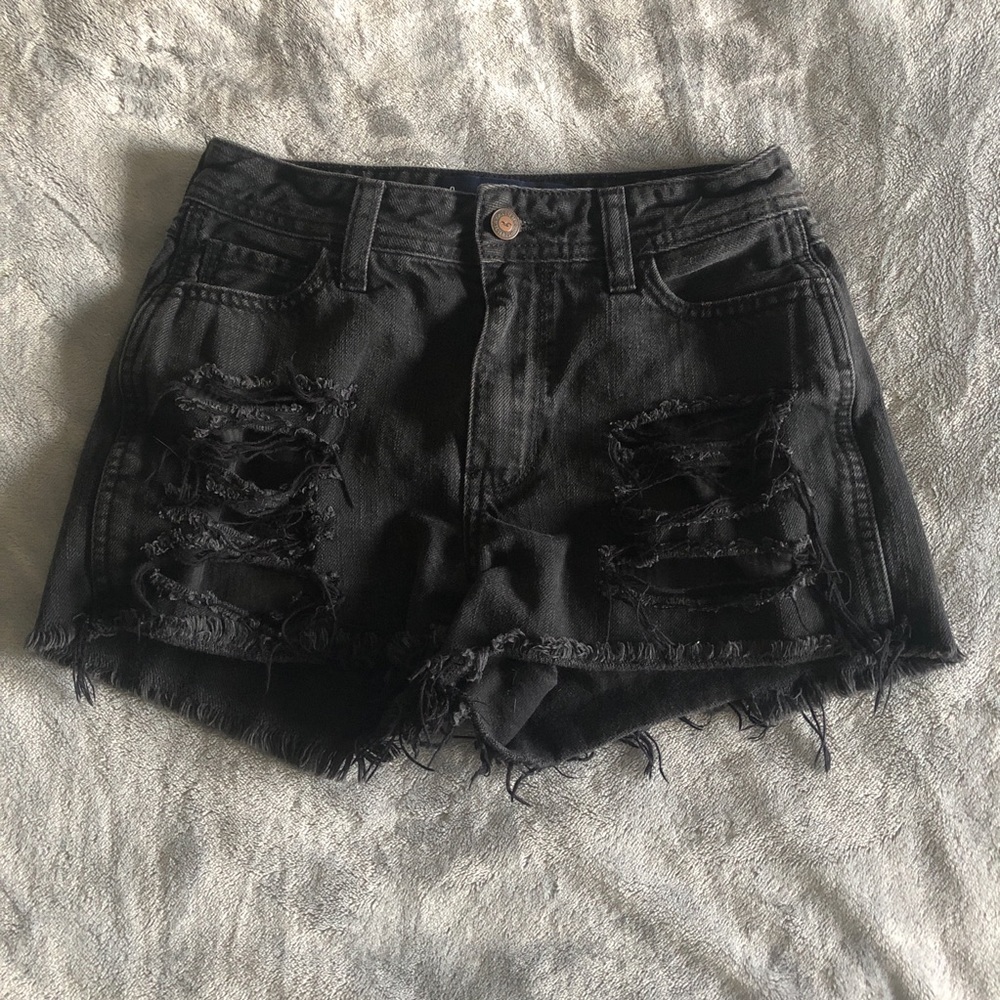 Black high waisted distressed jean shorts